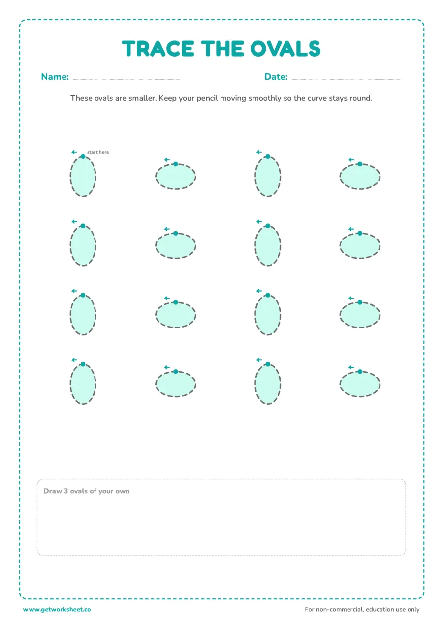 Trace the ovals: 16 small ovals in a 4 by 4 grid Trace the ovals: 16 small ovals in a 4 by 4 grid – free printable PDF worksheet, page 1 preview (3 free oval tracing worksheets)
