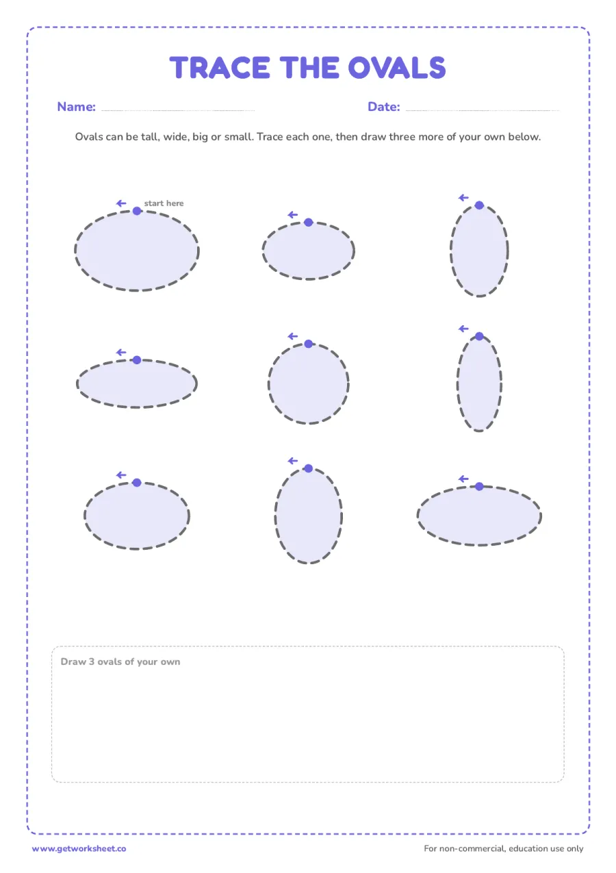 Trace the ovals: mixed tall, wide, big and small Trace the ovals: mixed tall, wide, big and small – free printable PDF worksheet, page 1 preview (3 free oval tracing worksheets)