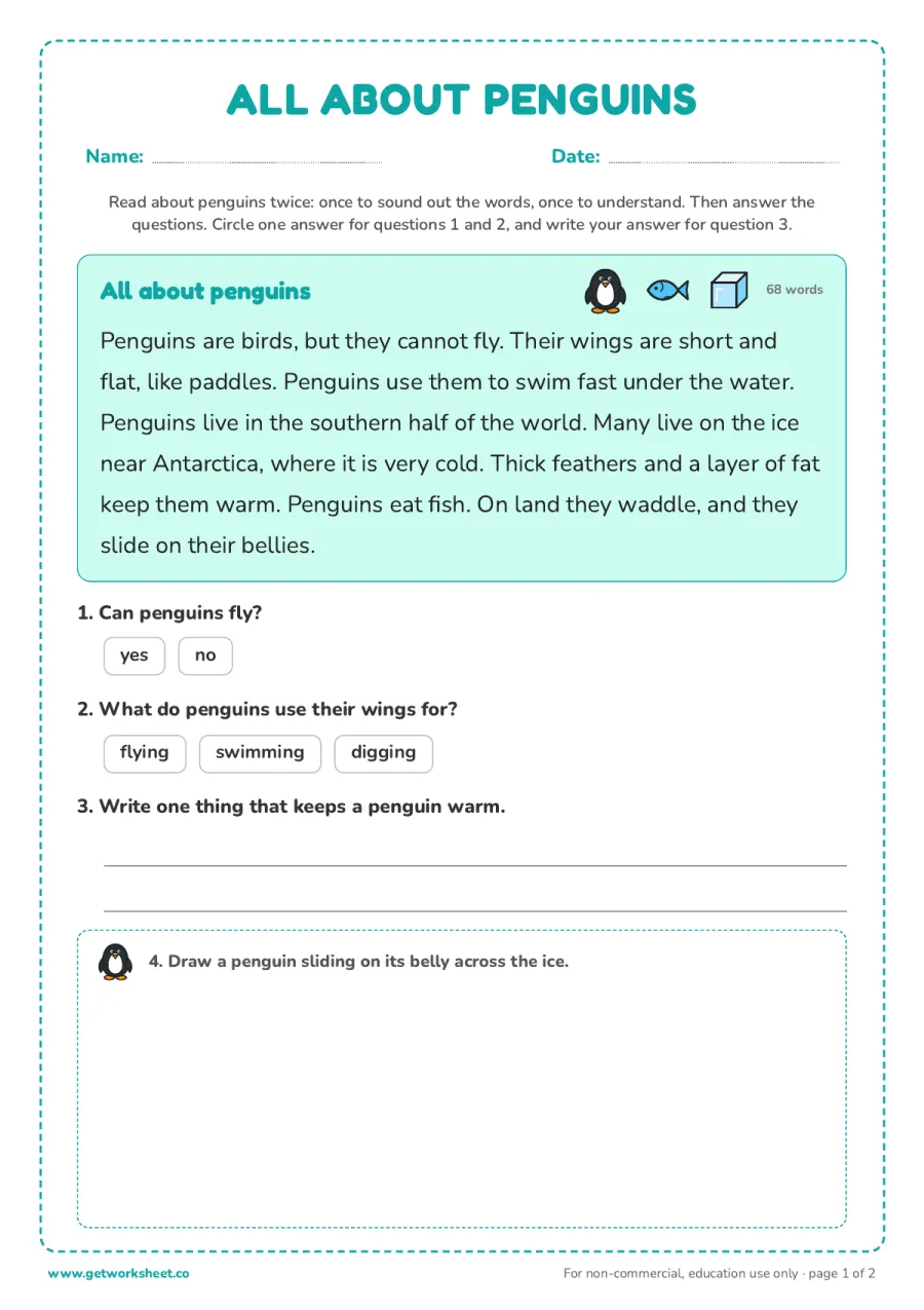Penguin facts mini-read – free printable PDF worksheet, page 1 preview (6 free penguin worksheets)