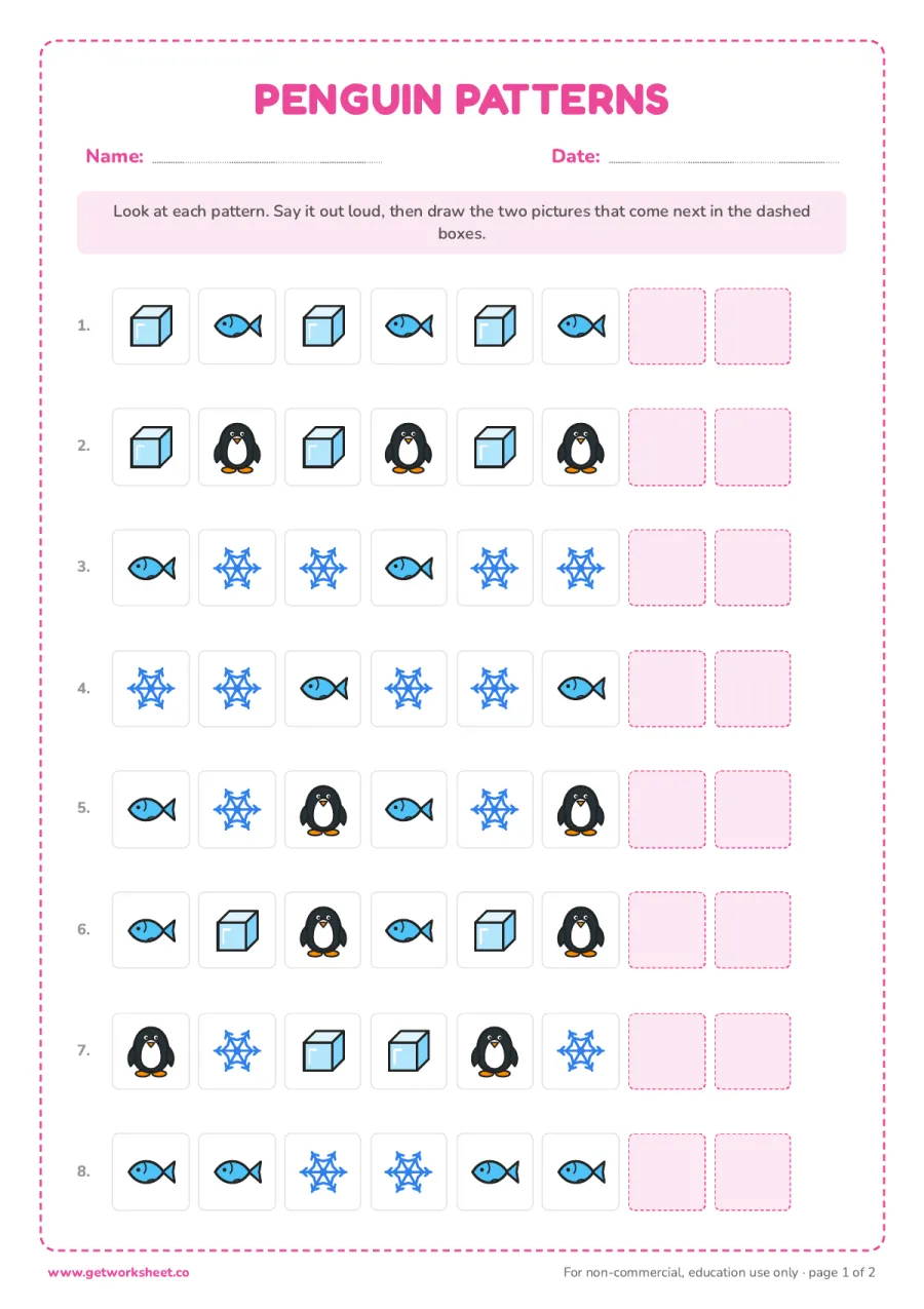 Penguin patterns – free printable PDF worksheet, page 1 preview (6 free penguin worksheets)