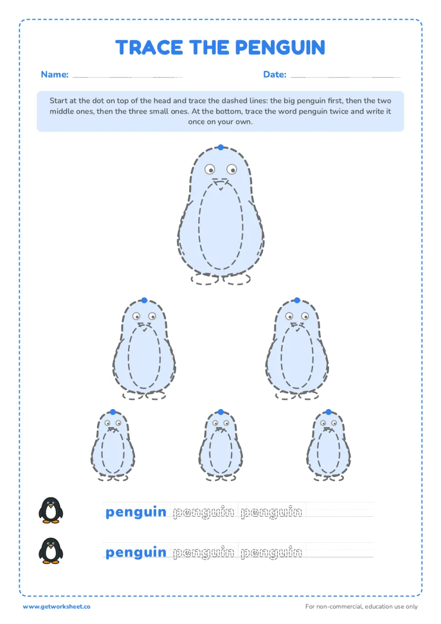 Penguin tracing – free printable PDF worksheet, page 1 preview (6 free penguin worksheets)