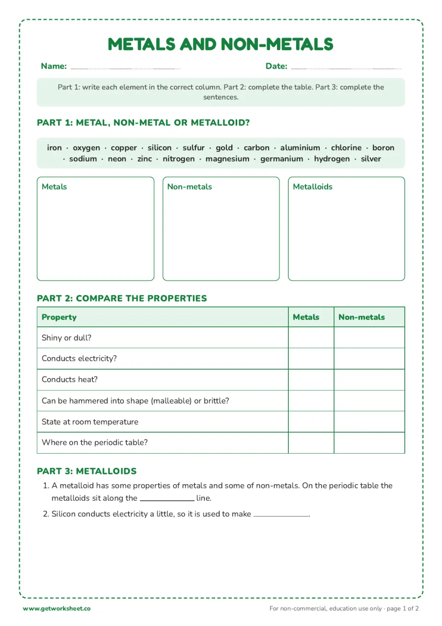 Metals and non-metals: sort 18 elements, compare properties, metalloids – free printable PDF worksheet, page 1 preview (Free periodic table worksheets)