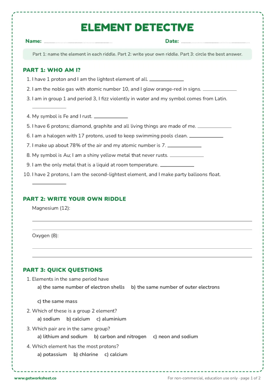 Element detective: 10 "Who am I?" riddles, write your own, 4 quick questions – free printable PDF worksheet, page 1 preview (Free periodic table worksheets)