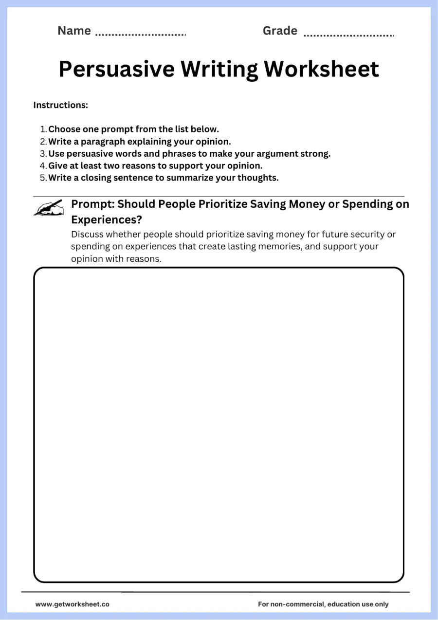Persuasive writing: save money or spend on experiences? – free printable PDF worksheet, page 1 preview (Free persuasive writing worksheets)