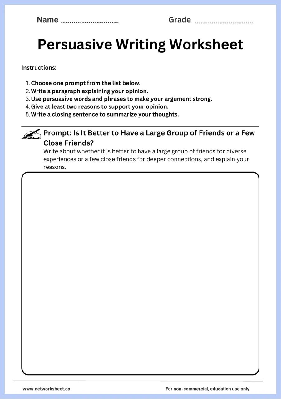 Persuasive writing: many friends or a few close friends? – free printable PDF worksheet, page 1 preview (Free persuasive writing worksheets)