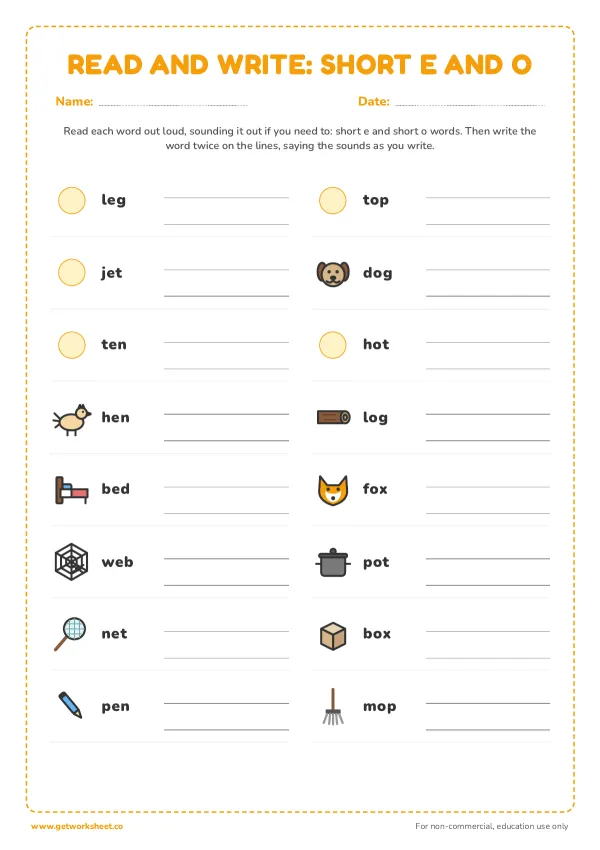Read and write: short e and short o words, page 1 preview