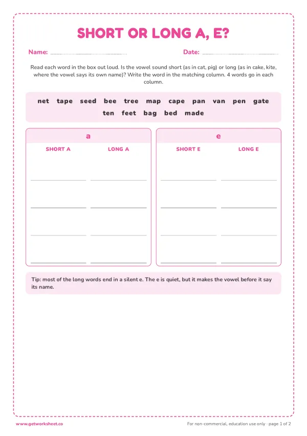 Short or long? Sort a and e words, page 1 preview