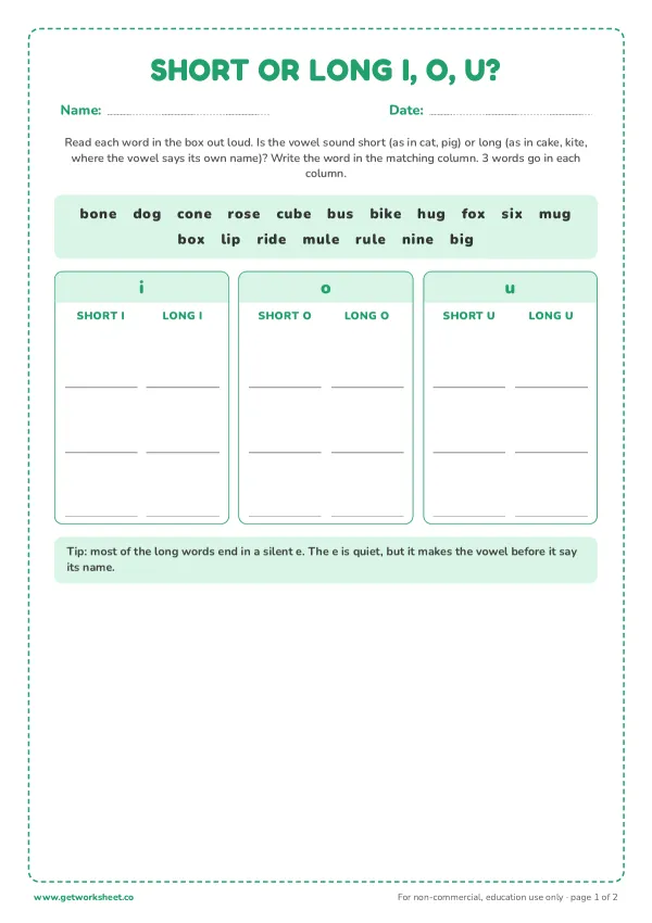 Short or long? Sort i, o and u words, page 1 preview