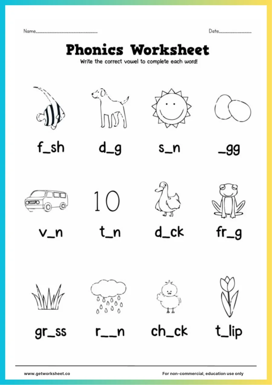 Phonics: write the missing vowel in 12 words – free printable PDF worksheet, page 1 preview (8 free phonics worksheets)