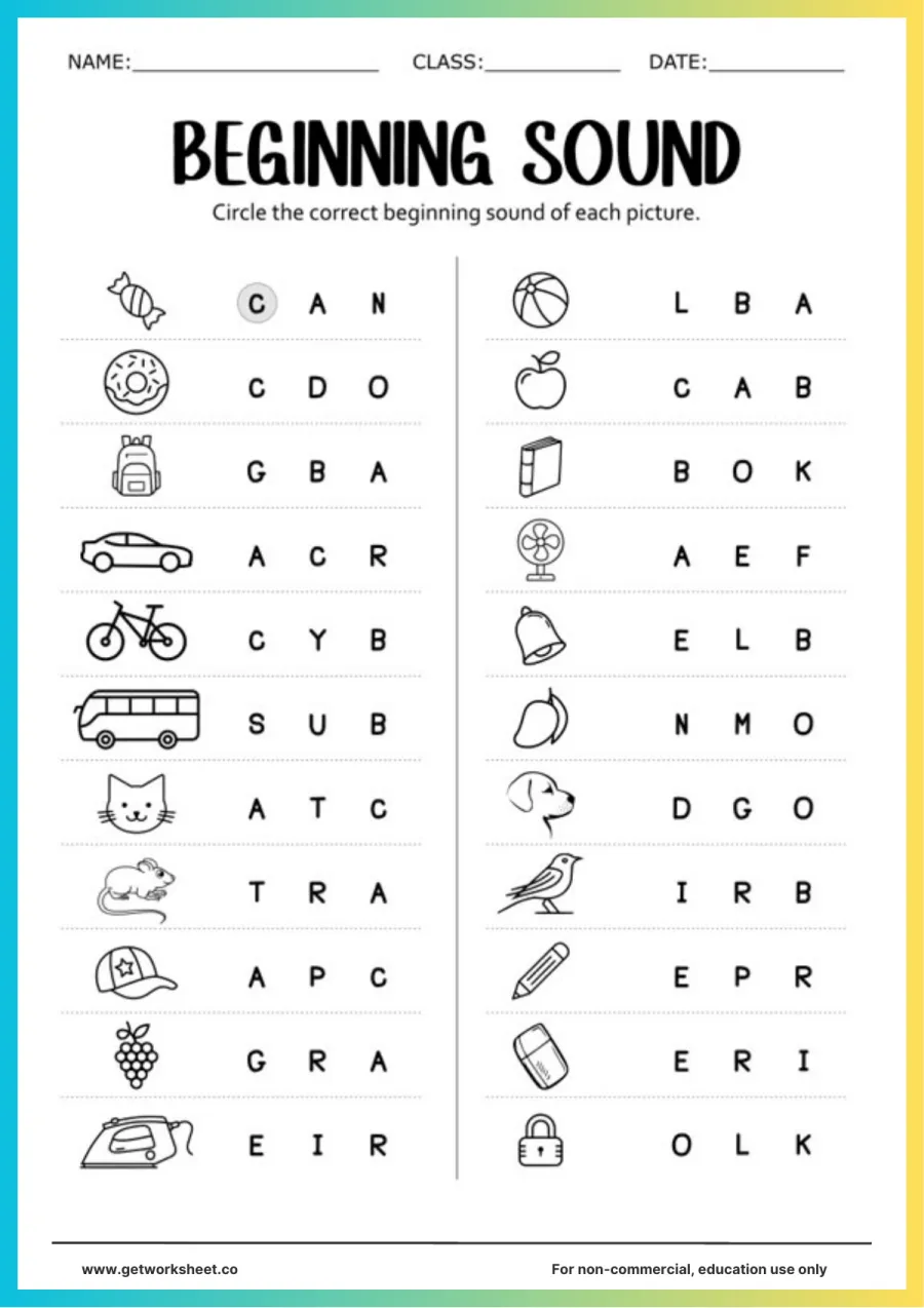 Phonics: circle the beginning sound, 24 pictures – free printable PDF worksheet, page 1 preview (8 free phonics worksheets)