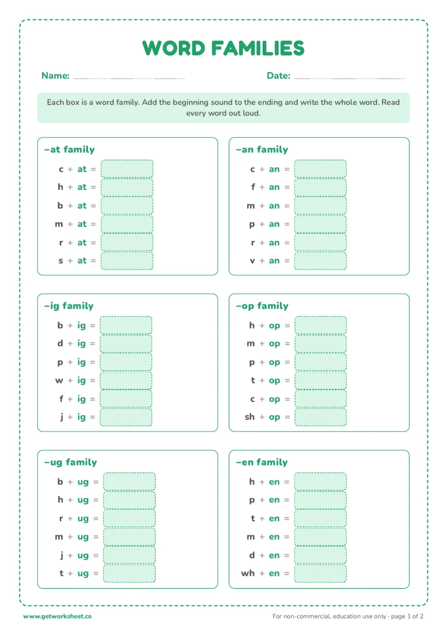 Word families: -at, -an, -ig, -op, -ug, -en – free printable PDF worksheet, page 1 preview (8 free phonics worksheets)