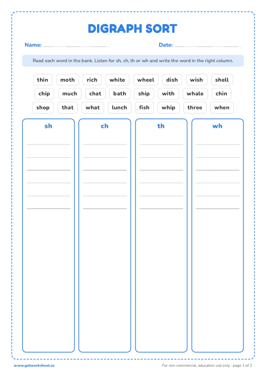 Digraph sort: sh, ch, th and wh – free printable PDF worksheet, page 1 preview (8 free phonics worksheets)
