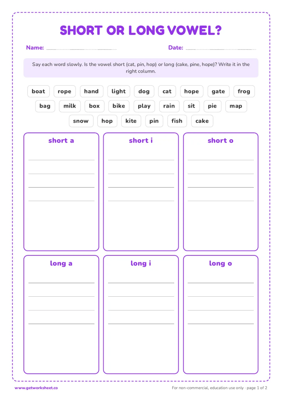 Short or long vowel? Sort a, i and o words – free printable PDF worksheet, page 1 preview (8 free phonics worksheets)