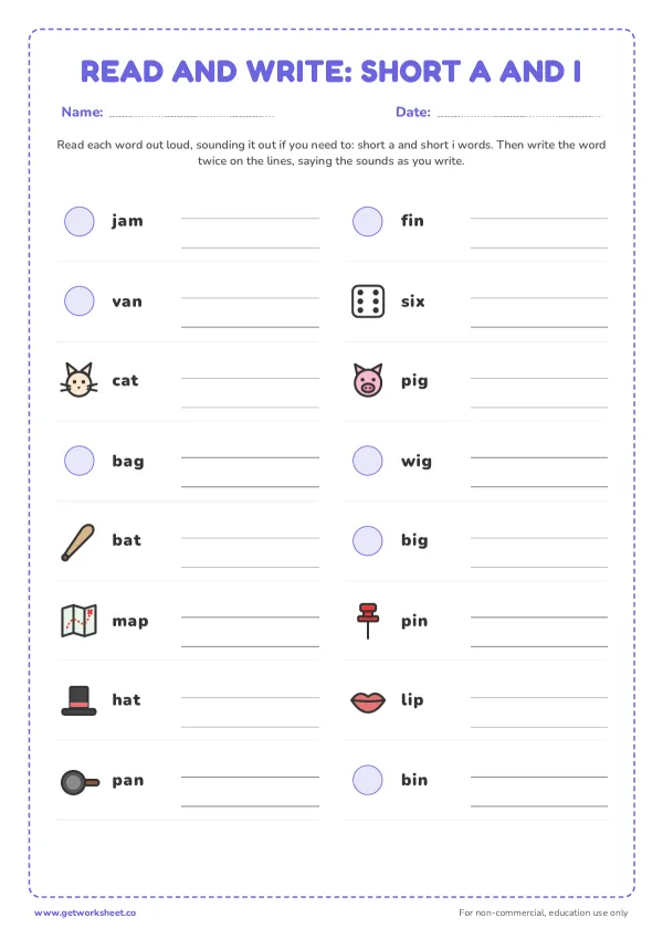 Read and write: short a and short i words, page 1 preview