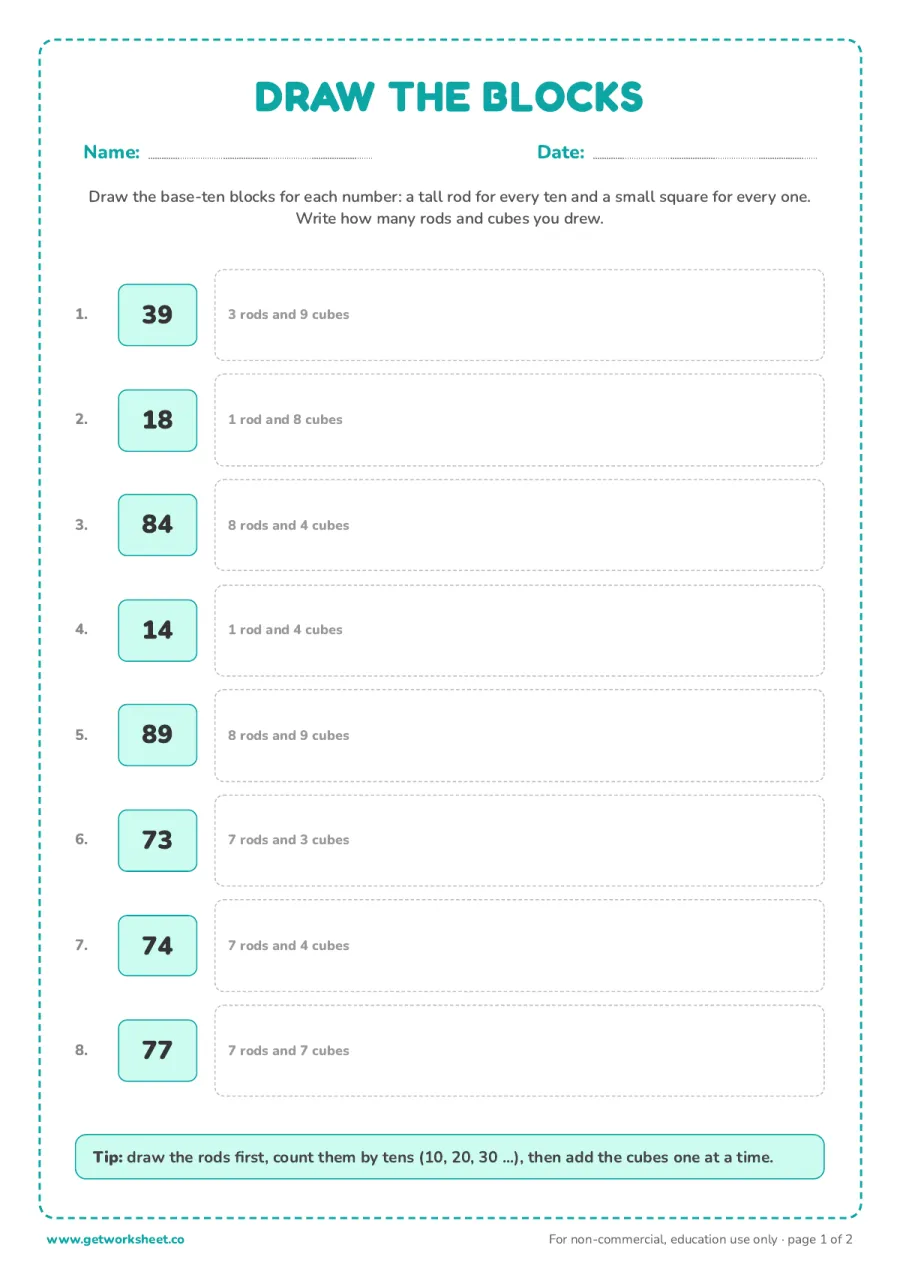 Draw the blocks: show 8 two-digit numbers with rods and cubes Draw the blocks: show 8 two-digit numbers with rods and cubes – free printable PDF worksheet, page 1 preview (6 free place value worksheets)