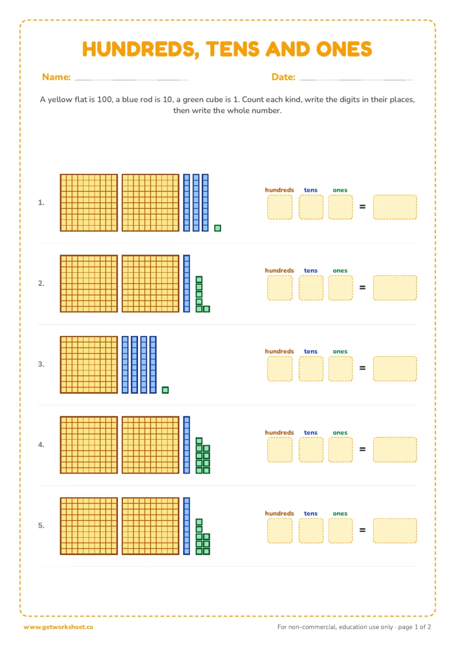 Hundreds, tens and ones: 5 sets of flats, rods and cubes Hundreds, tens and ones: 5 sets of flats, rods and cubes – free printable PDF worksheet, page 1 preview (6 free place value worksheets)