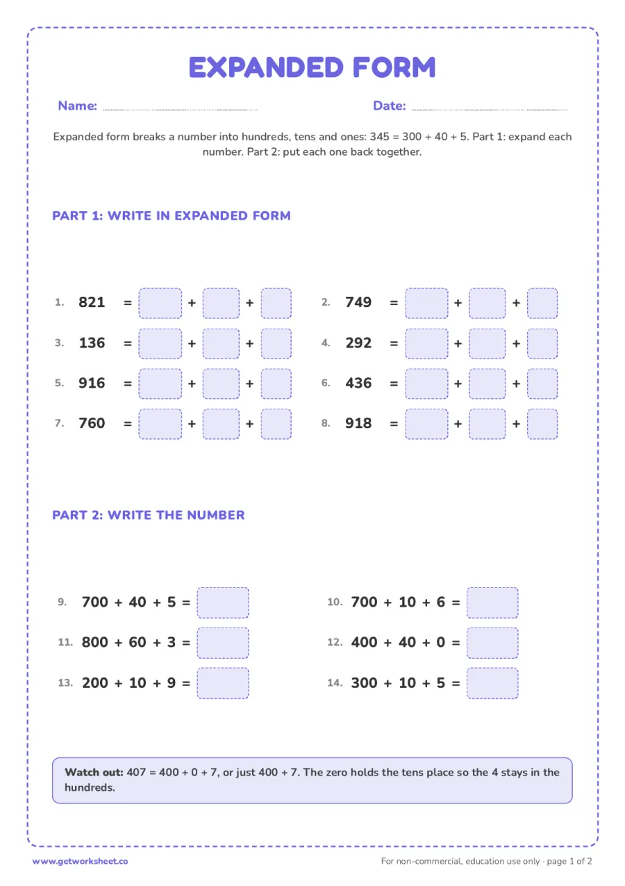 Expanded form: expand 8 numbers and rebuild 6 more Expanded form: expand 8 numbers and rebuild 6 more – free printable PDF worksheet, page 1 preview (6 free place value worksheets)