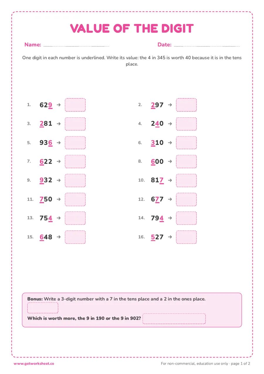 Value of the underlined digit: 16 three-digit numbers Value of the underlined digit: 16 three-digit numbers – free printable PDF worksheet, page 1 preview (6 free place value worksheets)