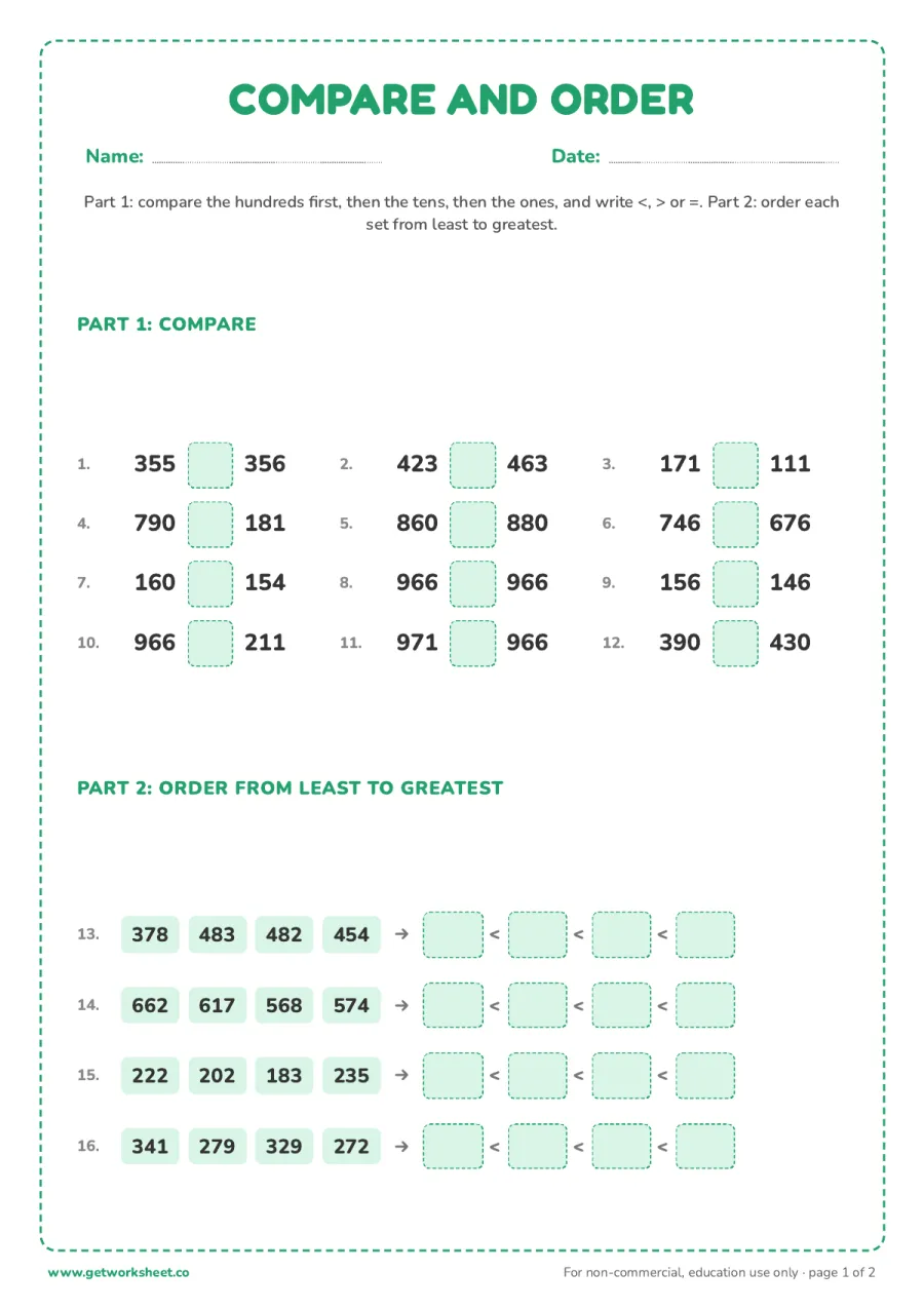 Compare and order: 12 pairs with < > = and 4 sets to order Compare and order: 12 pairs with < > = and 4 sets to order – free printable PDF worksheet, page 1 preview (6 free place value worksheets)