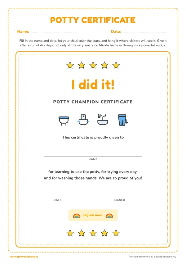 I did it! Potty champion certificate, page 1 preview