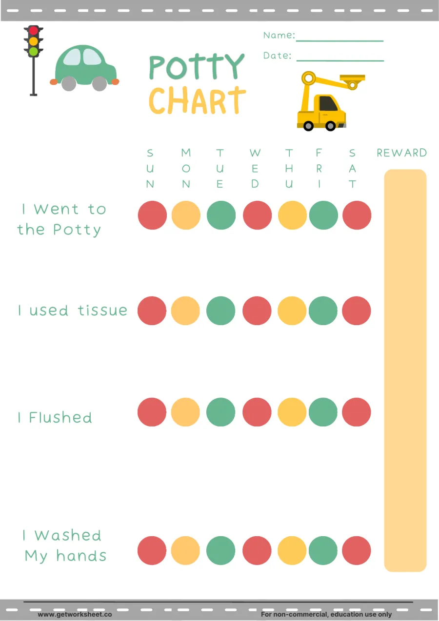 Potty chart: traffic-light dots for potty, tissue, flush Potty chart: traffic-light dots for potty, tissue, flush – free printable PDF worksheet, page 1 preview (8 free potty training chart printables)