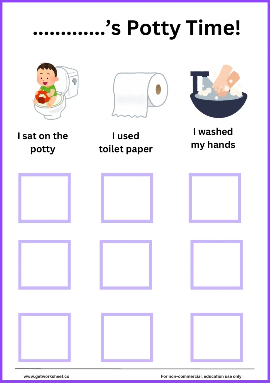Potty time: 9 sticker boxes for sit, wipe, wash Potty time: 9 sticker boxes for sit, wipe, wash – free printable PDF worksheet, page 1 preview (8 free potty training chart printables)