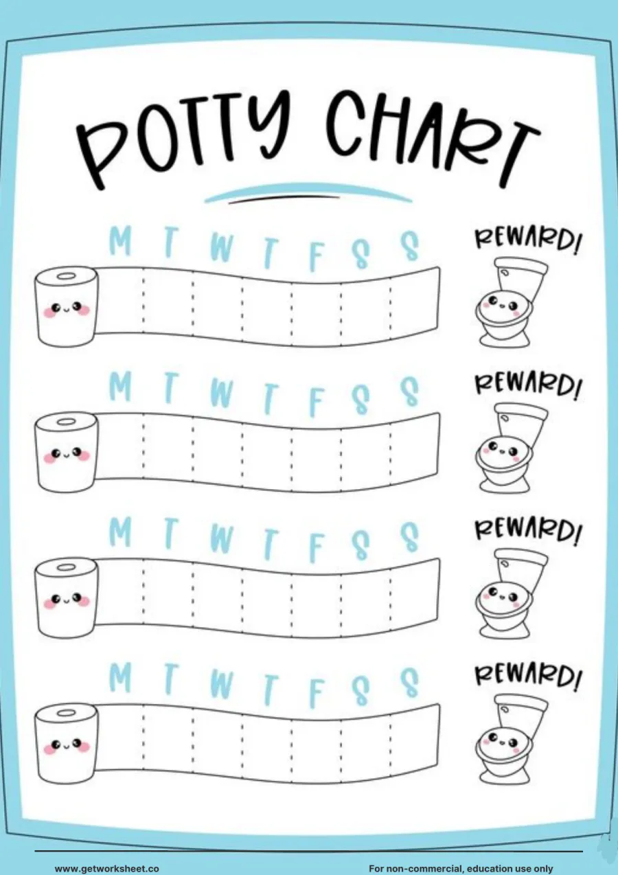 Potty chart: 4 weeks on toilet-paper rolls, Mon to Sun Potty chart: 4 weeks on toilet-paper rolls, Mon to Sun – free printable PDF worksheet, page 1 preview (8 free potty training chart printables)