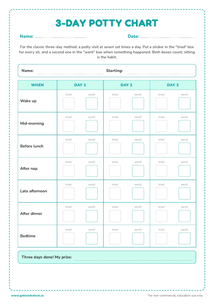 3-day potty training chart: 7 potty times a day 3-day potty training chart: 7 potty times a day – free printable PDF worksheet, page 1 preview (8 free potty training chart printables)