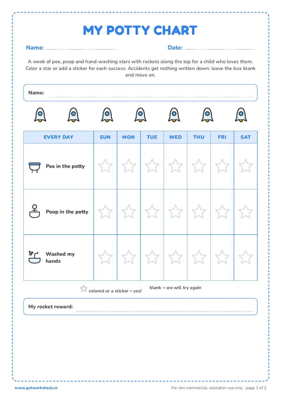 Rocket and rainbow potty charts (boys and girls) Rocket and rainbow potty charts (boys and girls) – free printable PDF worksheet, page 1 preview (8 free potty training chart printables)