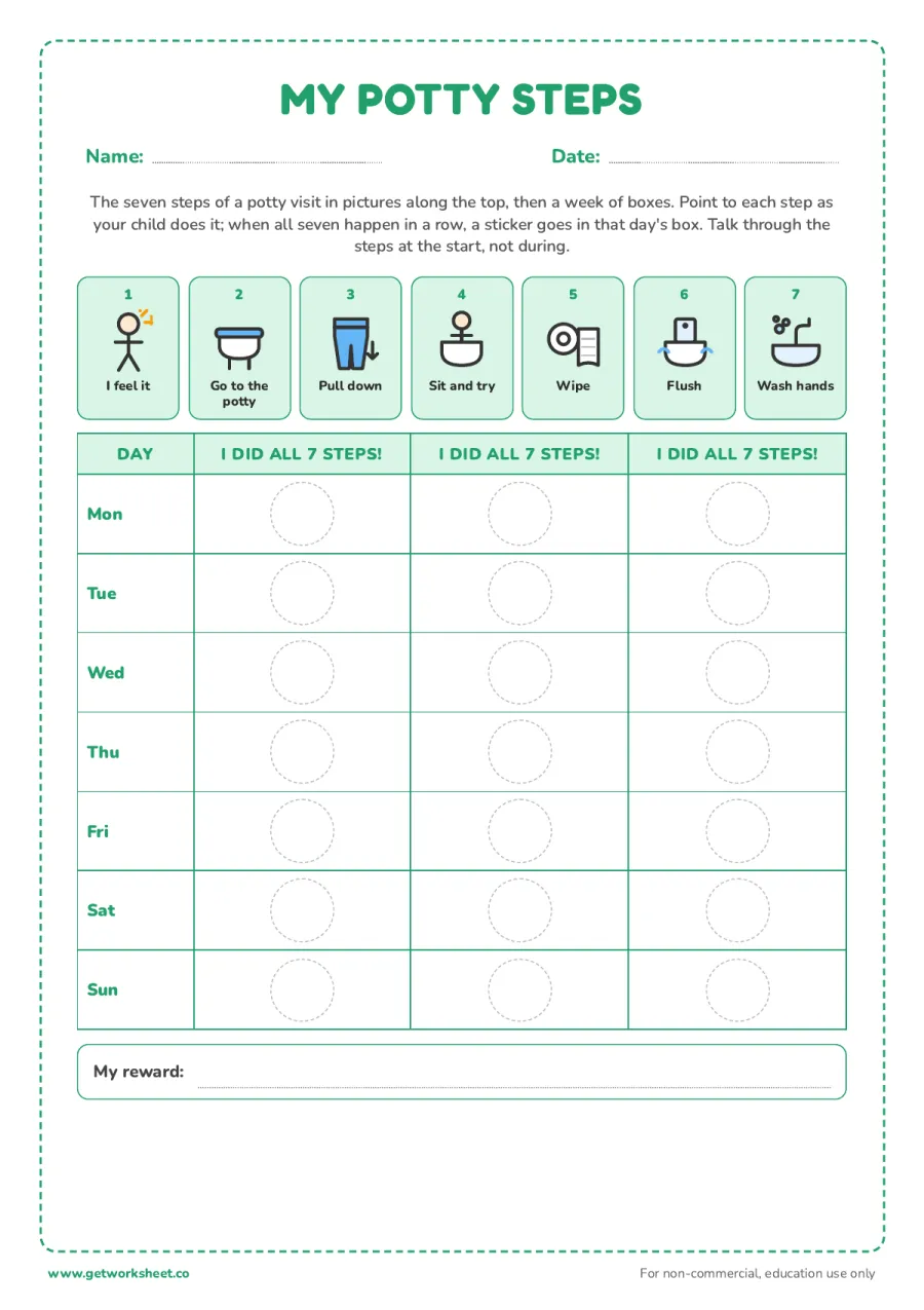 My potty steps: 7 pictured steps and a week of stickers My potty steps: 7 pictured steps and a week of stickers – free printable PDF worksheet, page 1 preview (8 free potty training chart printables)