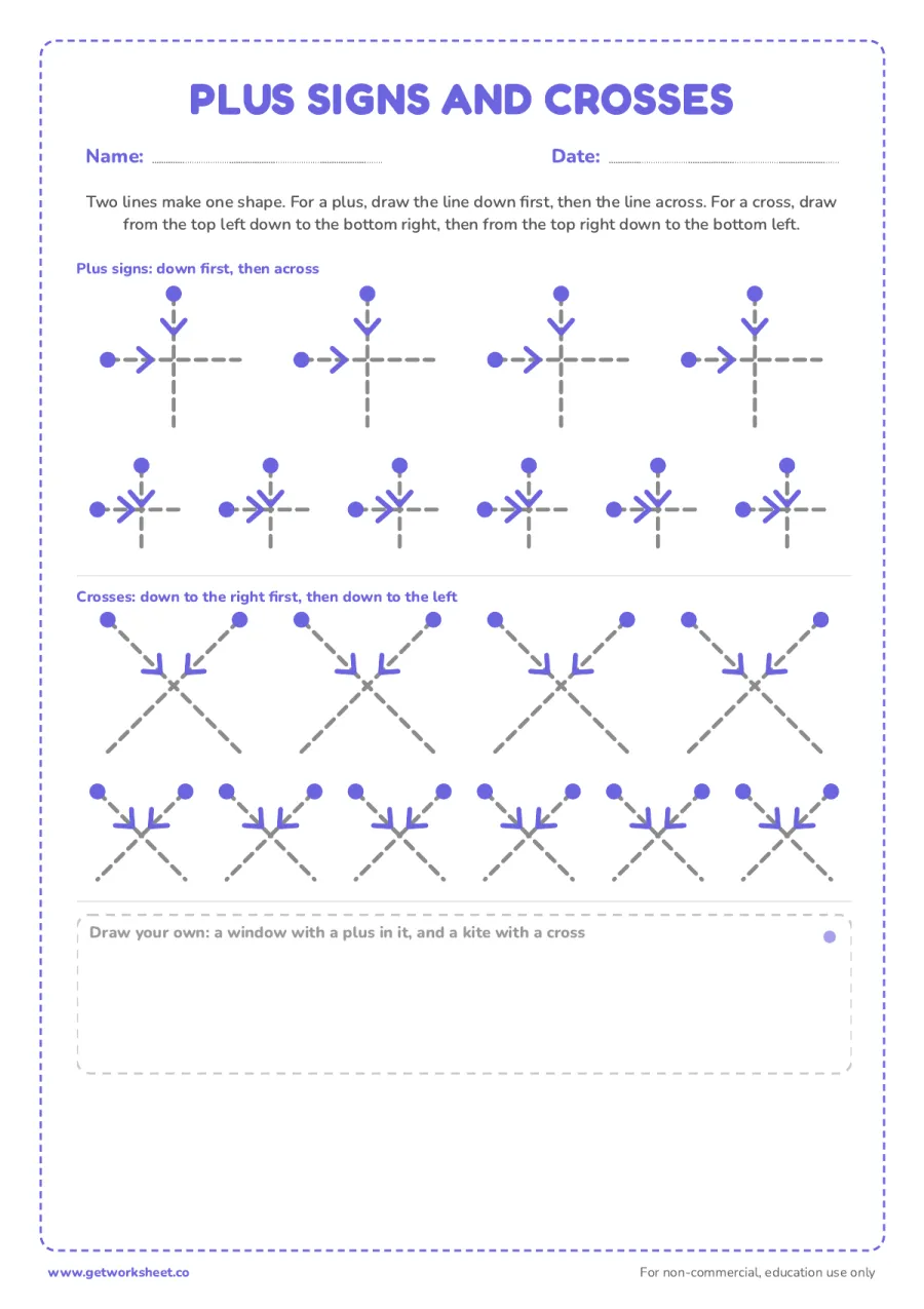 Pre-writing strokes: plus signs and crosses – free printable PDF worksheet, page 1 preview (8 free pre-writing worksheets)