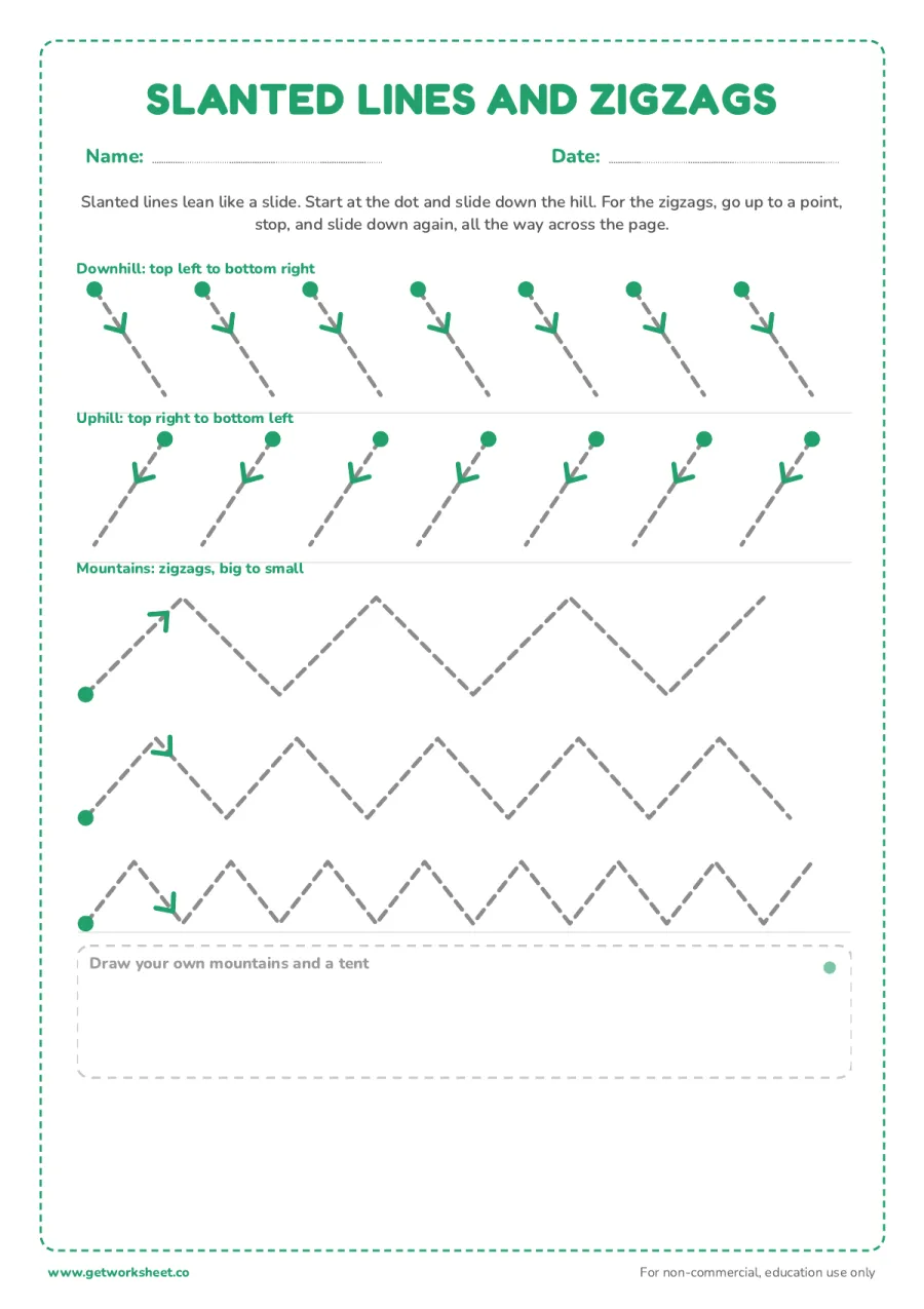 Pre-writing strokes: slanted lines and zigzags – free printable PDF worksheet, page 1 preview (8 free pre-writing worksheets)