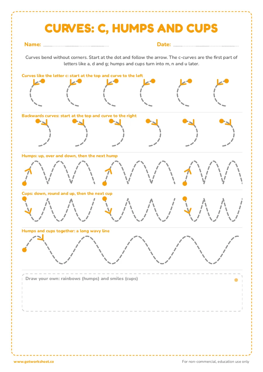 Pre-writing strokes: c-curves, humps and cups – free printable PDF worksheet, page 1 preview (8 free pre-writing worksheets)