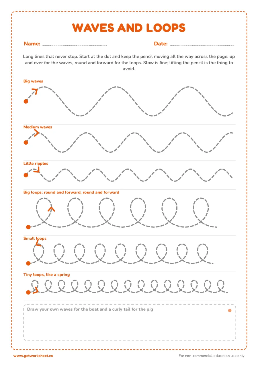 Pre-writing strokes: waves and loops – free printable PDF worksheet, page 1 preview (8 free pre-writing worksheets)