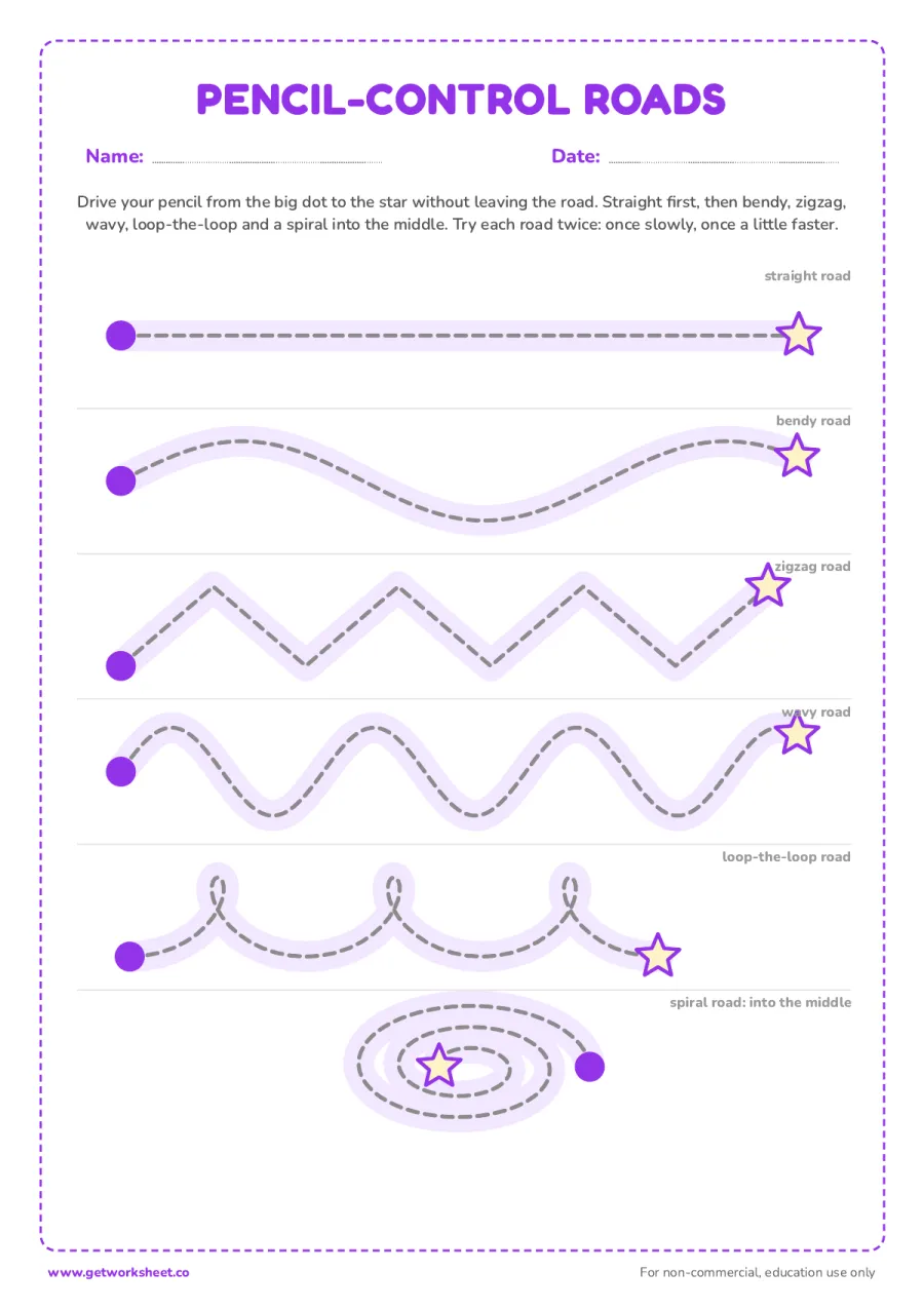 Pencil-control roads: from the dot to the star – free printable PDF worksheet, page 1 preview (8 free pre-writing worksheets)