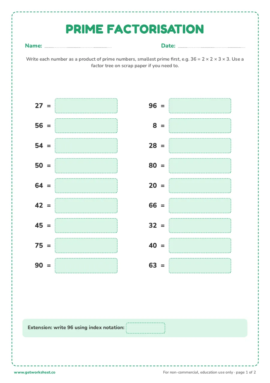 Prime factorisation practice – free printable PDF worksheet, page 1 preview (10 free prime number worksheets)