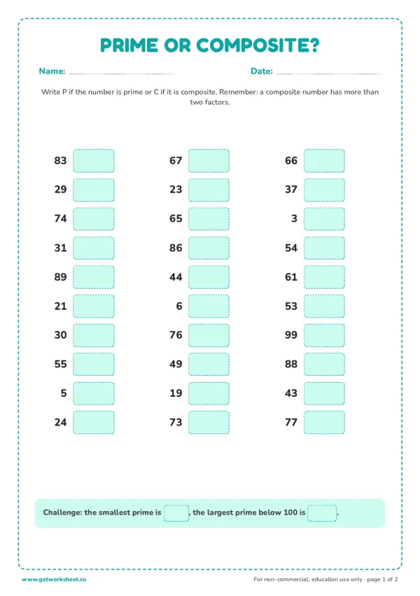 Prime or composite? Set 2: 30 new numbers, page 1 preview