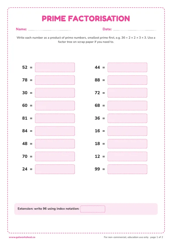 Prime factorisation set 2: 18 new numbers, page 1 preview