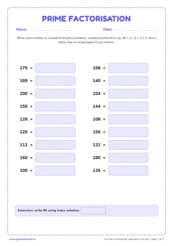 Prime factorisation set 3: larger numbers to 200, page 1 preview