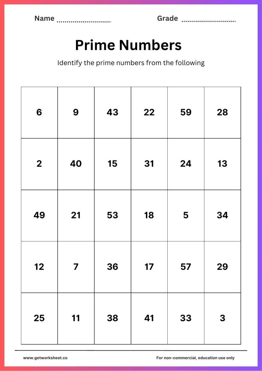 Circle the primes: 30 numbers from 2 to 59 (13 primes) – free printable PDF worksheet, page 1 preview (10 free prime number worksheets)