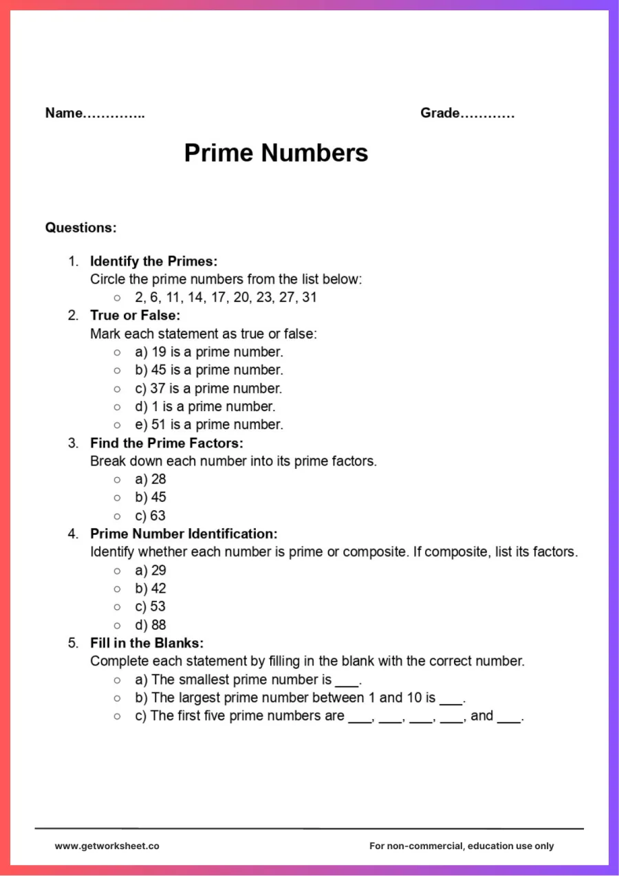 Prime numbers mixed review: true or false, prime factors, fill the blanks – free printable PDF worksheet, page 1 preview (10 free prime number worksheets)