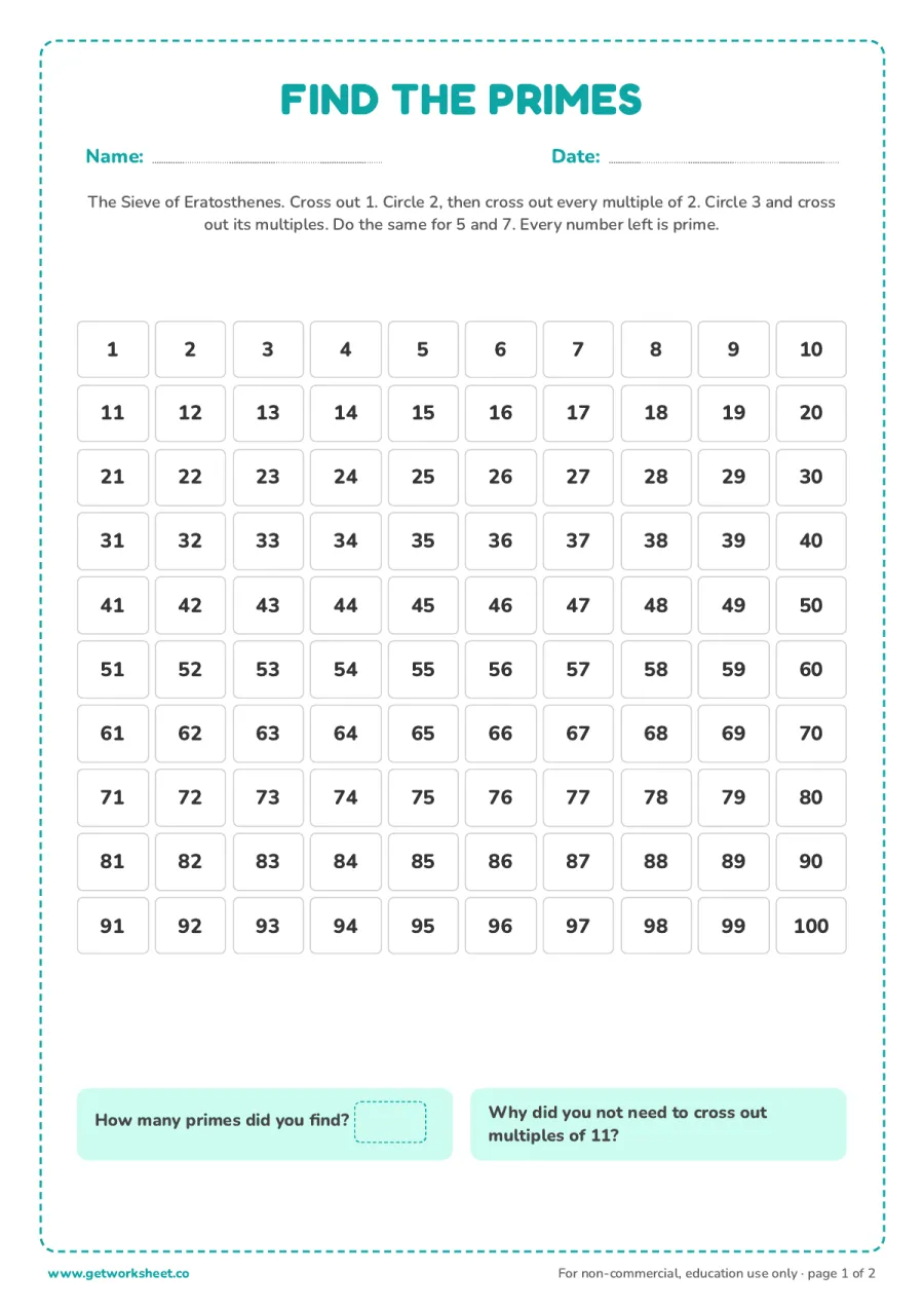 Sieve of Eratosthenes: find every prime up to 100 – free printable PDF worksheet, page 1 preview (10 free prime number worksheets)