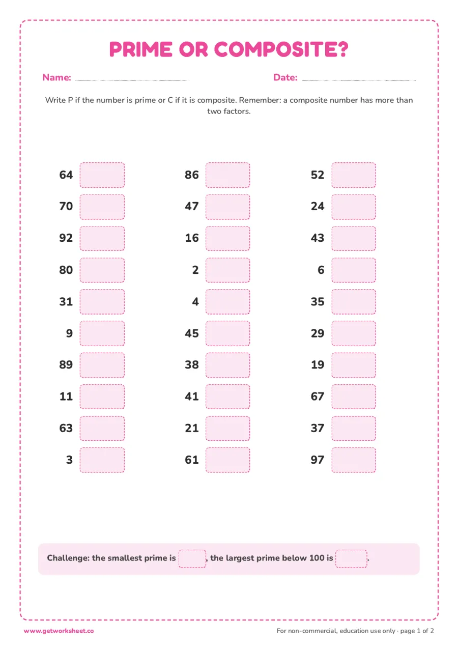 Prime or composite? 30 numbers to sort – free printable PDF worksheet, page 1 preview (10 free prime number worksheets)