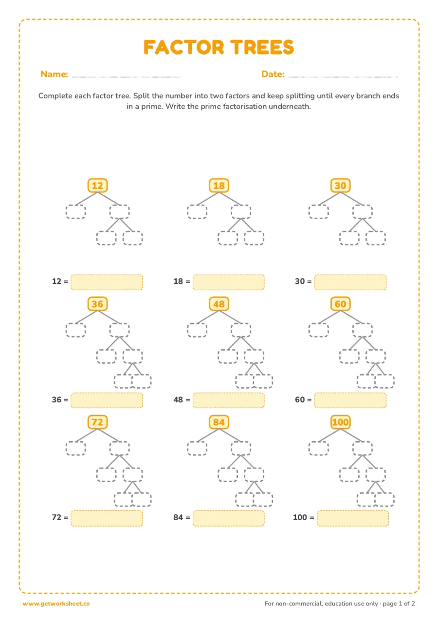 Factor trees: prime factorisation of 12 to 100, 9 numbers – free printable PDF worksheet, page 1 preview (10 free prime number worksheets)