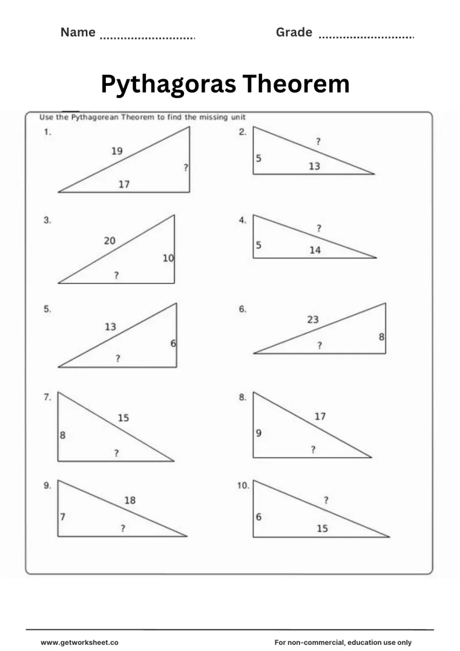 Find the missing side (10 triangles, irrational answers) – free printable PDF worksheet, page 1 preview (Free Pythagorean theorem worksheets)