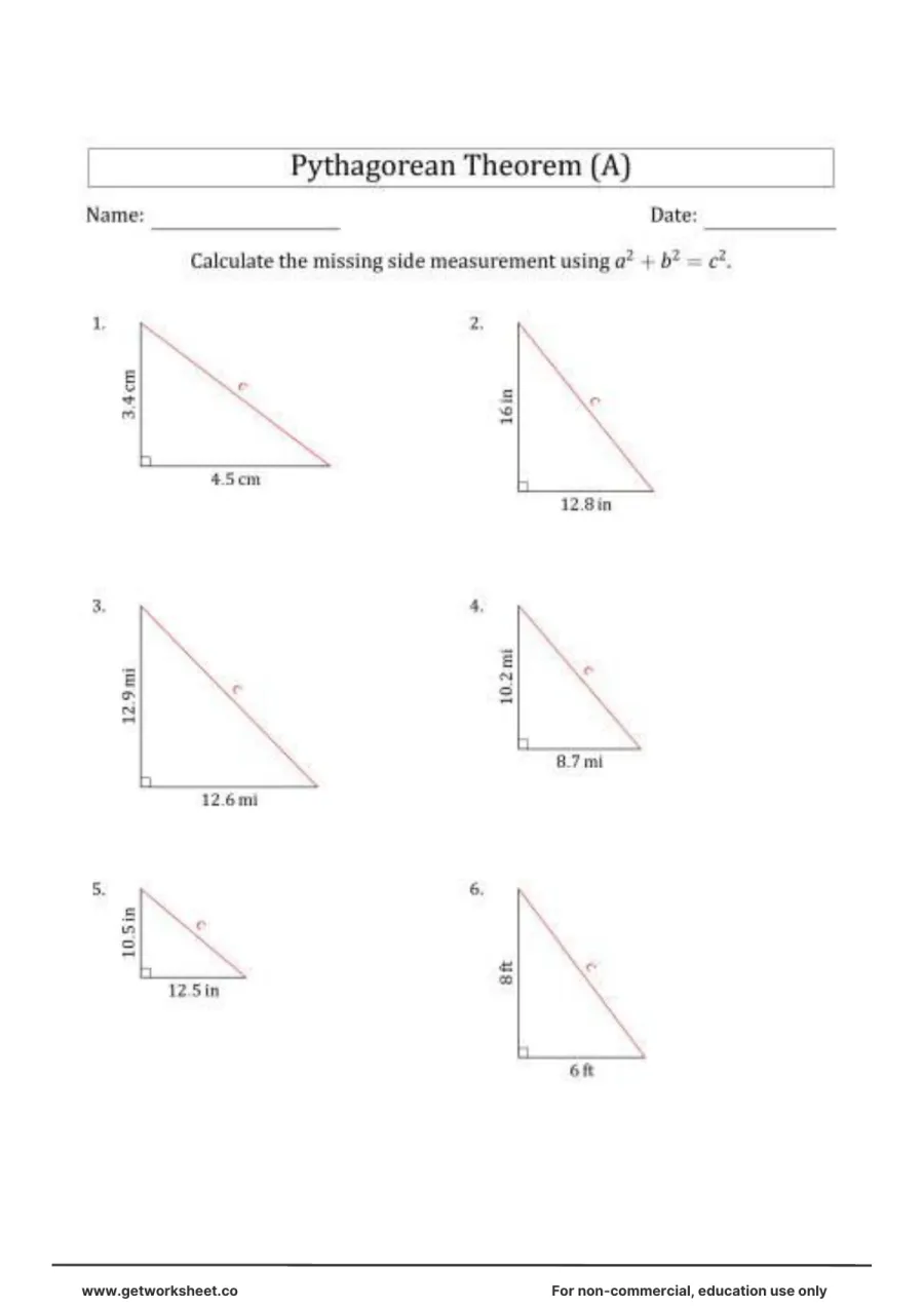 Decimal legs, find the hypotenuse (6 problems) – free printable PDF worksheet, page 1 preview (Free Pythagorean theorem worksheets)