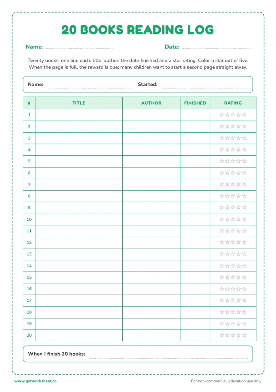 20 books reading log with star ratings – free printable PDF worksheet, page 1 preview (8 free reading log printables)