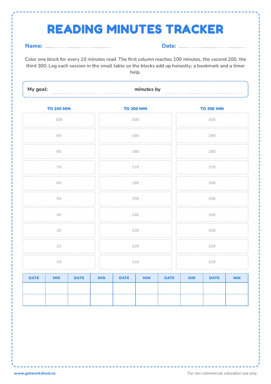 Reading minutes tracker: color-in bar chart to 300 – free printable PDF worksheet, page 1 preview (8 free reading log printables)