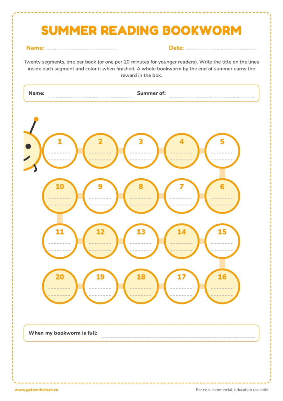 Summer reading bookworm: 20 books to color – free printable PDF worksheet, page 1 preview (8 free reading log printables)