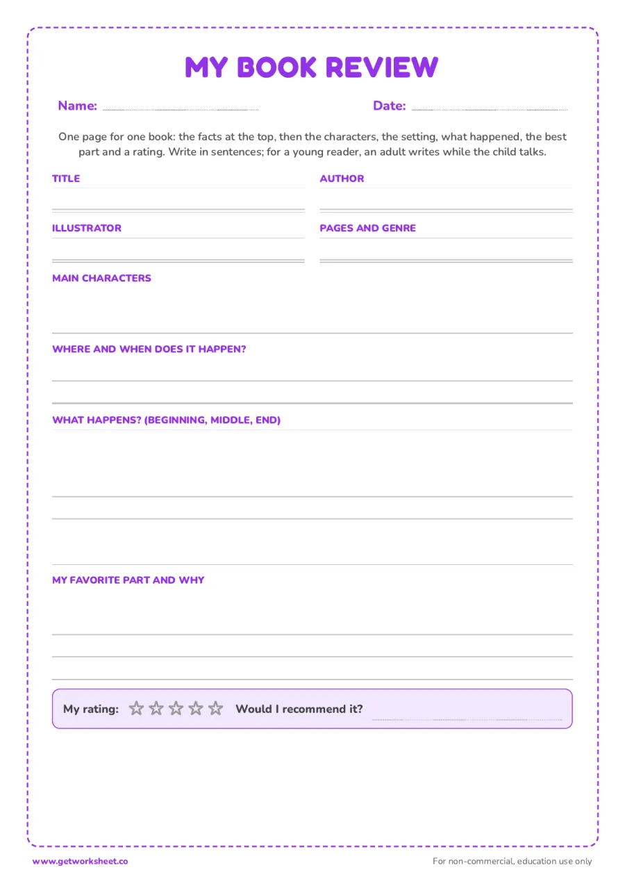 Book review sheet – free printable PDF worksheet, page 1 preview (8 free reading log printables)